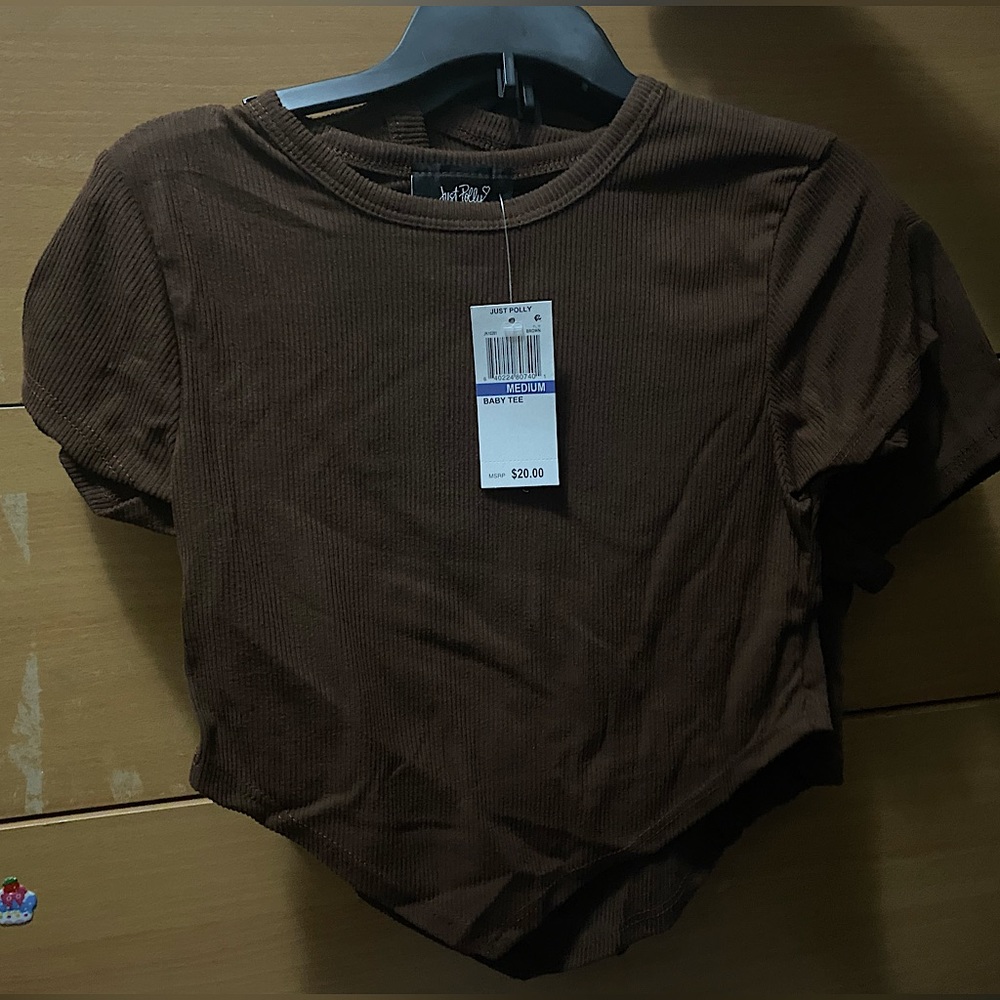 Just Polly Brown Cropped Baby Tee with Triangle Cut Out (Front only)
